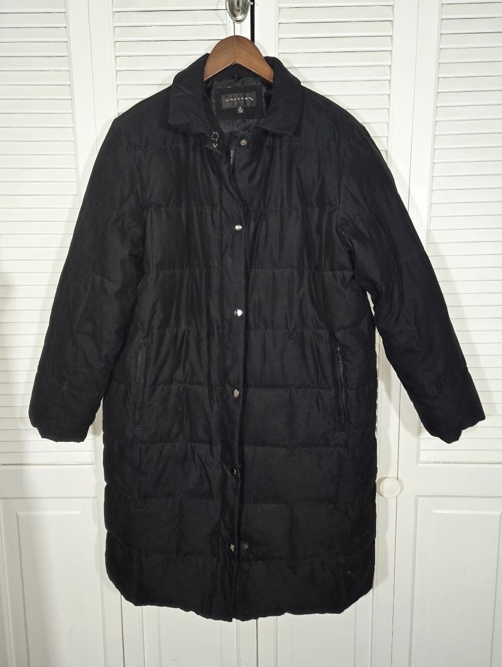 Gallery Sport Black Quilted Long Quilted Puffer Zip Snaps Pockets Coat Sz M